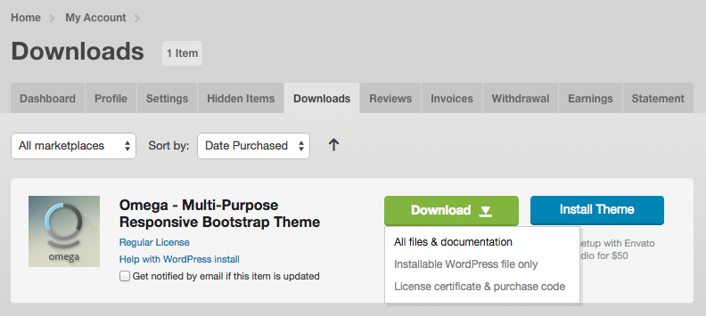 Theme Forest downloads page
